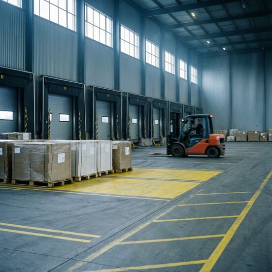 Cross-dock terminal with pallets staged in marked floor zones