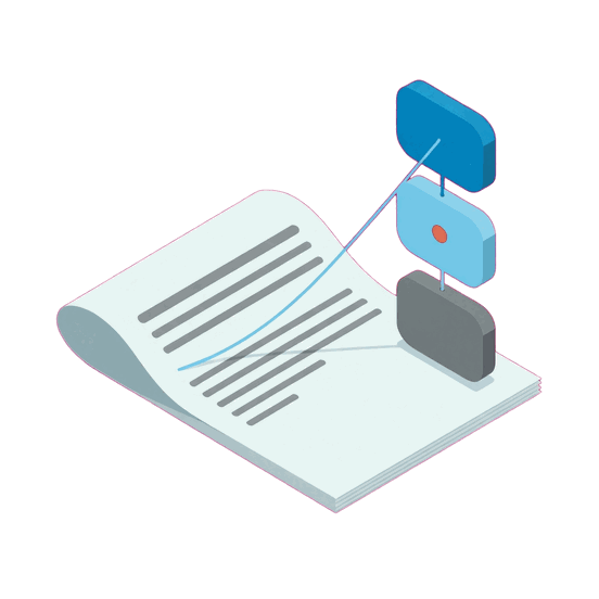 Illustration of a document being read and turned into three structured fields