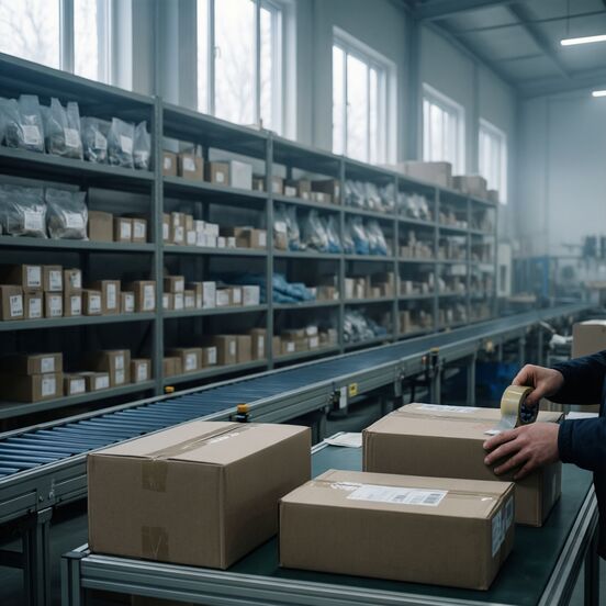 E-commerce fulfilment centre with shelving, conveyor and packing