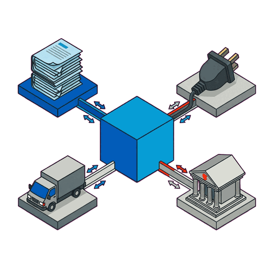 Illustration of message exchange between four connected systems and a central hub