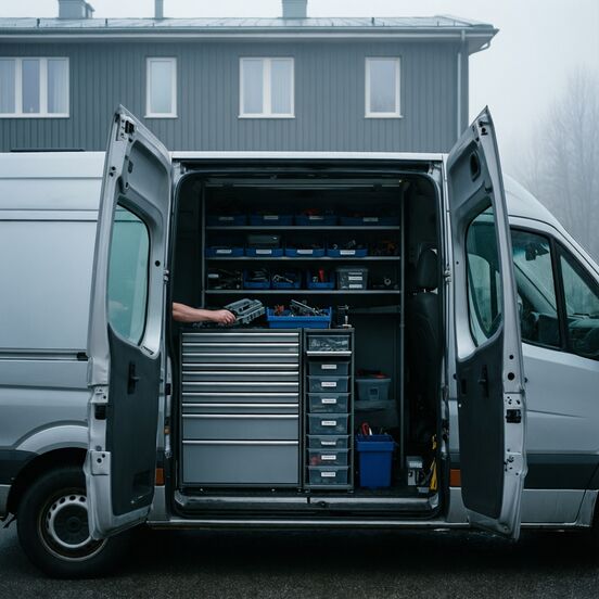 Service van fitted with parts bins and drawers outside an apartment block
