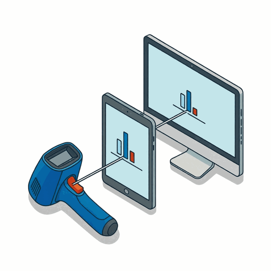 Illustration of a handheld terminal, tablet and monitor in a stepped row
