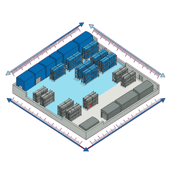 Illustration of a warehouse floor plan with racking, aisles and dimensioning