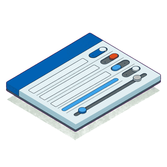 Illustration of a settings panel with fields, toggles and a slider