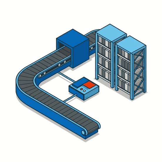 Illustration of a conveyor loop and AS/RS grid linked to a controller