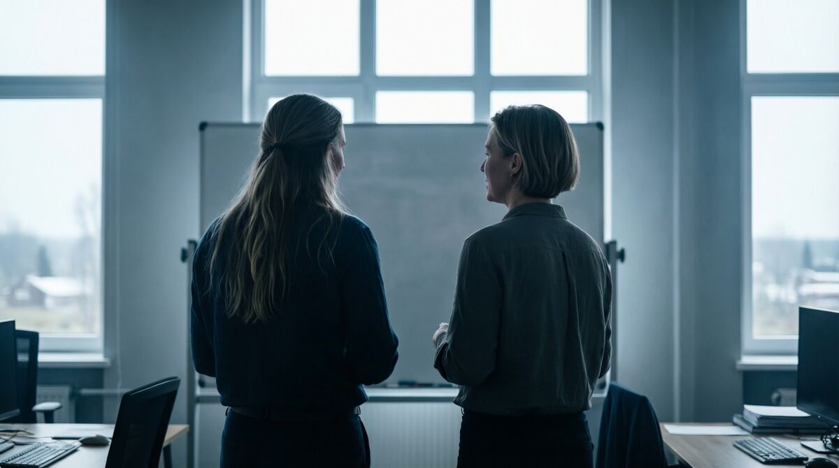 Two colleagues in conversation at a whiteboard in a bright office
