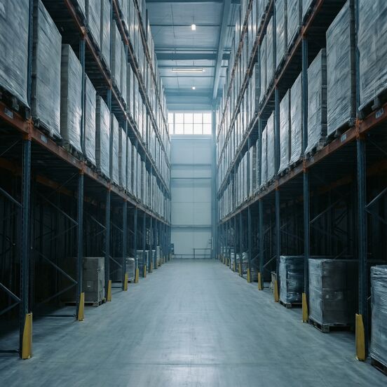 Narrow aisle in a high-bay warehouse with pallets on several levels