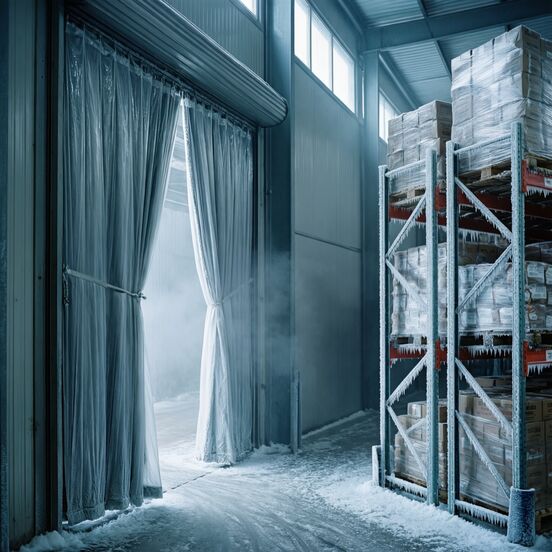 Cold store doorway with strip curtain and frost, wrapped pallets in the racking