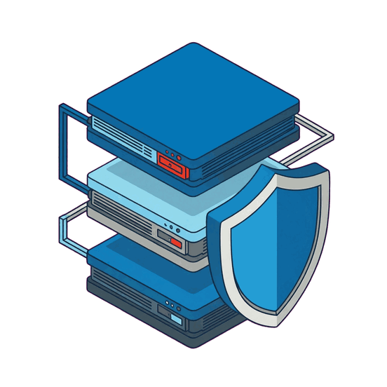 Illustration of cloud infrastructure in three tiers with a shield