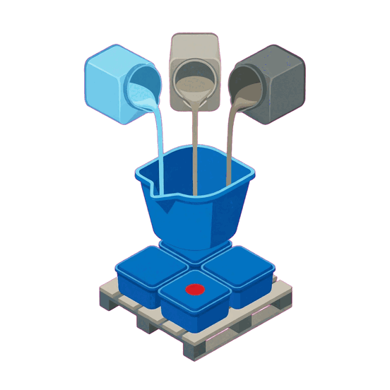 Illustration of batch production where three ingredients go into a vessel and finished goods stand on a pallet