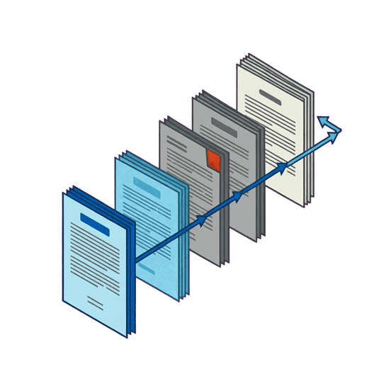 Illustration of four documents in sequence, from quotation to invoice, joined by one unbroken line