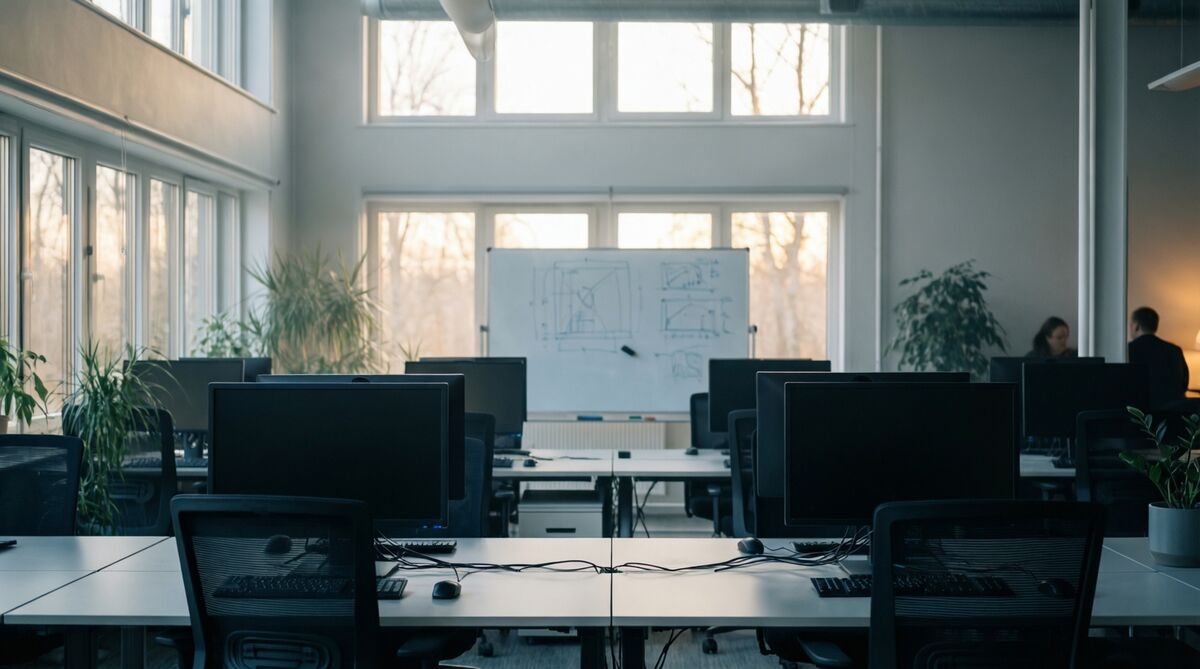 Open-plan office with workstations and a whiteboard