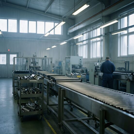 Production line with a conveyor and kitting trolleys