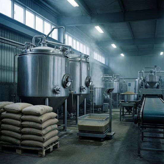 Batch preparation in food production with mixing vessels, raw materials on a pallet and a floor scale