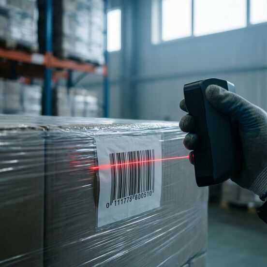 Handheld scanner reading a barcode label on a shrink-wrapped pallet