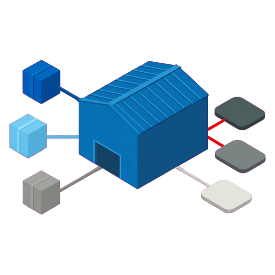 Illustration of three goods owners connected to the same warehouse, each with its own billing record