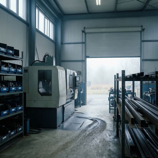 Workshop floor with a CNC machine and component racks