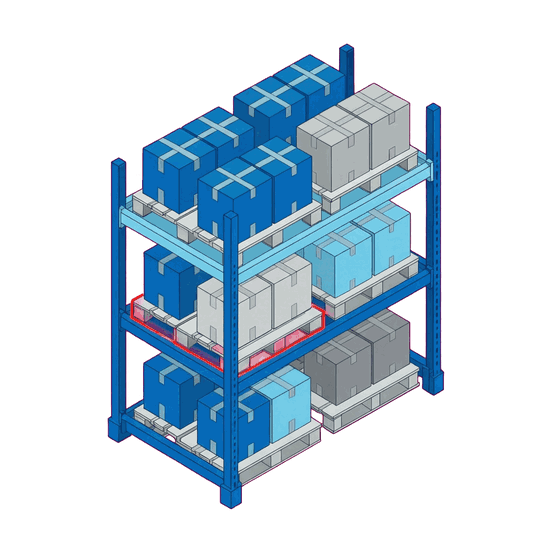 Illustration of a pallet rack with EUR pallets and goods, one pallet location highlighted