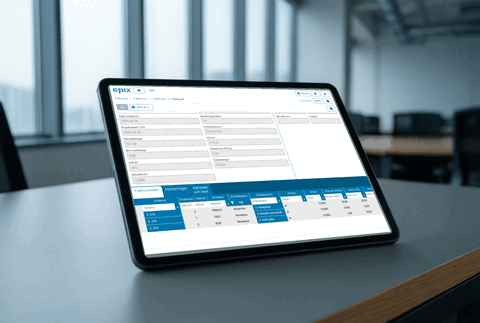 An invoice in Epix with invoice header, payment terms, VAT and invoice lines