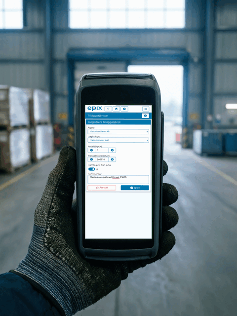 Registering an additional service in Epix on a handheld terminal, with goods owner and logistics type