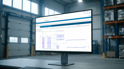 Warehouse floor plan in Epix with racking, aisles and the calculated route graph in the distance matrix