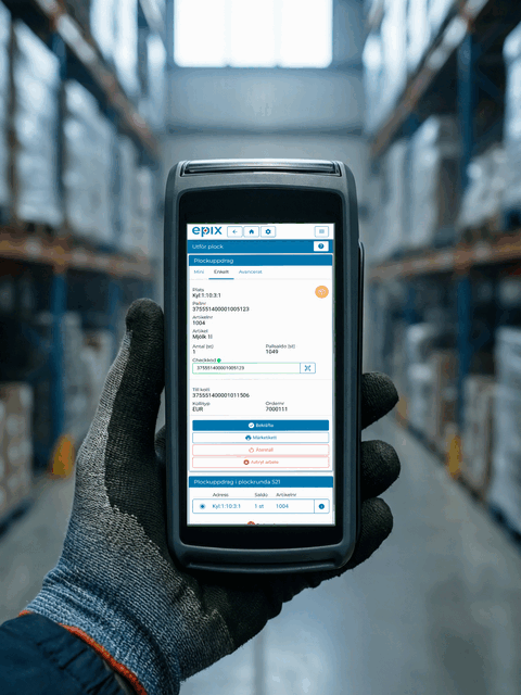 A pick task in Epix on a handheld terminal, with location, pallet number, item and check code